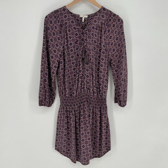 Joie Womens 100% Silk Blouson Mini Dress Size S Burgundy Blue Medallion Peasant - Picture 1 of 10